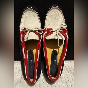 Vaneli Women’s Sz 9.5D Boat Shoes Red , White , Blue Suede Mocasins Loafers